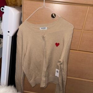 Old Navy Tan Cardigan with Red Heart Accent